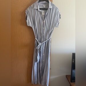 GAP Women’s Blue and White Vertical Stripe Button-Down Dress